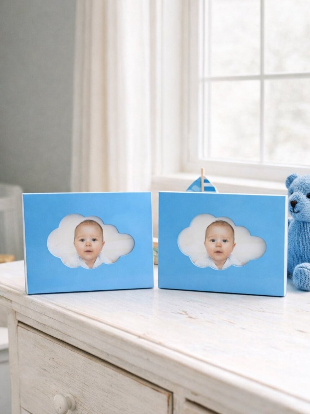 Set of 2 Blue Cloud Nursery Photo Frames 6x4 Glossy Baby Decor